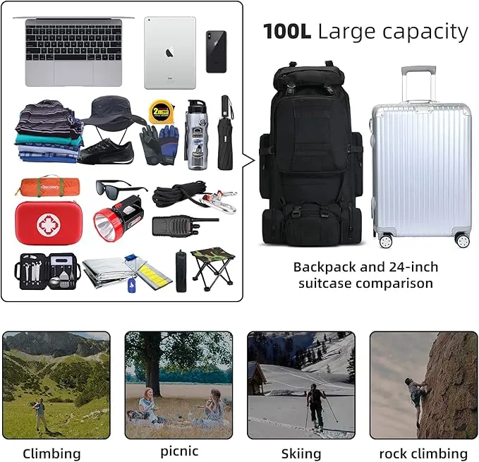 100L Camping Hiking Backpack,Molle military Tactical rucksack backpack,Waterproof Lightweight Hiking Backpack