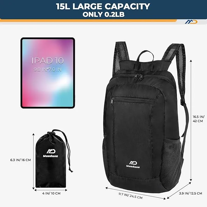 15L Hiking Daypack - Water Resistant Lightweight Packable Backpack for Travel Camping Outdoor - Black