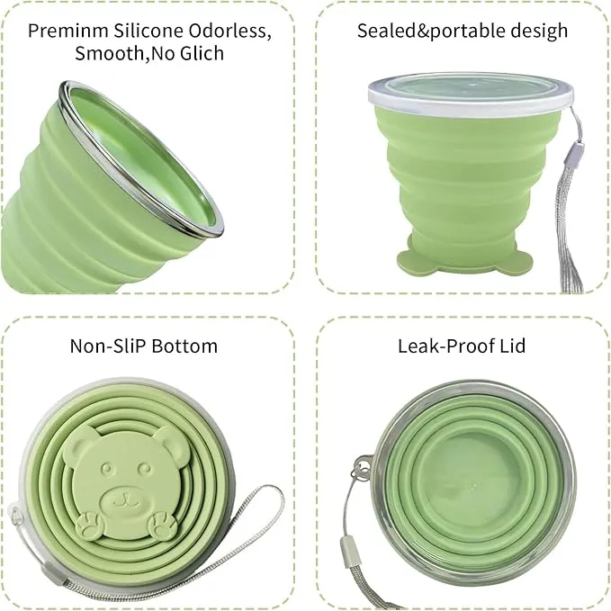 2 Pcs Collapsible Cup, Silicone Collapsible Travel Cup, Expandable Folding Camping Drinking Cup with Lids Reusable Small Portable Mugs Cup for Travel, Camping, Hiking,Outdoor Sports (Purple&Green)
