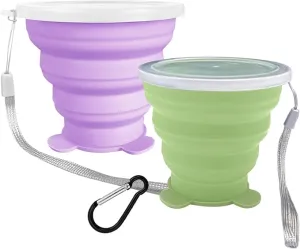 2 Pcs Collapsible Cup, Silicone Collapsible Travel Cup, Expandable Folding Camping Drinking Cup with Lids Reusable Small Portable Mugs Cup for Travel, Camping, Hiking,Outdoor Sports (Purple&Green)