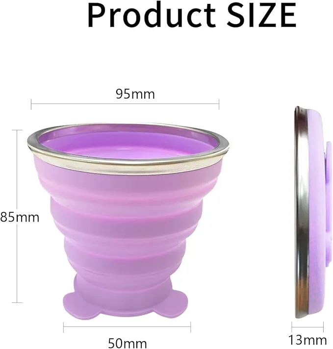 2 Pcs Collapsible Cup, Silicone Collapsible Travel Cup, Expandable Folding Camping Drinking Cup with Lids Reusable Small Portable Mugs Cup for Travel, Camping, Hiking,Outdoor Sports (Purple&Green)