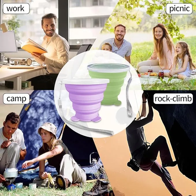 2 Pcs Collapsible Cup, Silicone Collapsible Travel Cup, Expandable Folding Camping Drinking Cup with Lids Reusable Small Portable Mugs Cup for Travel, Camping, Hiking,Outdoor Sports (Purple&Green)