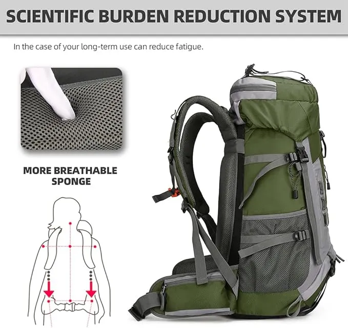 60L Hiking Backpack Large Waterproof Camping Backpack for Men and Women Lightweight Frameless Backpacking Backpack with Rain Cover (Army Green)