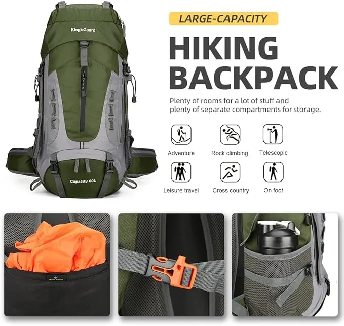 60L Hiking Backpack Large Waterproof Camping Backpack for Men and Women Lightweight Frameless Backpacking Backpack with Rain Cover (Army Green)
