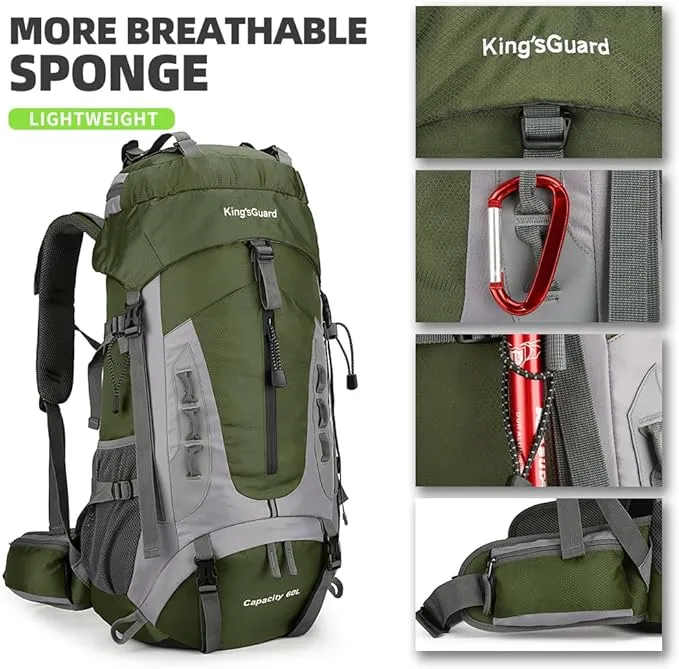 60L Hiking Backpack Large Waterproof Camping Backpack for Men and Women Lightweight Frameless Backpacking Backpack with Rain Cover (Army Green)