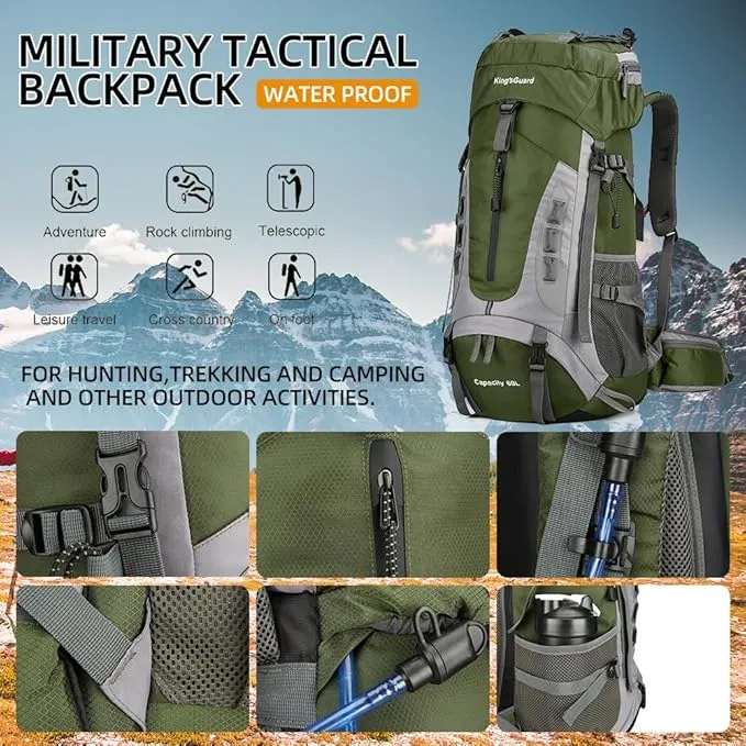 60L Hiking Backpack Large Waterproof Camping Backpack for Men and Women Lightweight Frameless Backpacking Backpack with Rain Cover (Army Green)