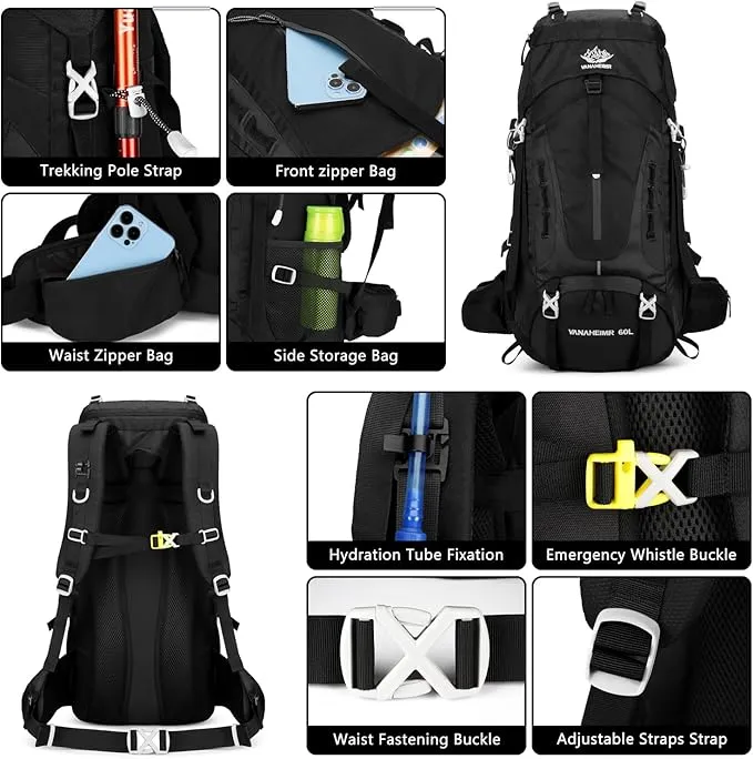 60L Hiking Backpack Men Camping Backpack with rain cover Lightweight Backpacking Backpack Travel Backpack (Black)