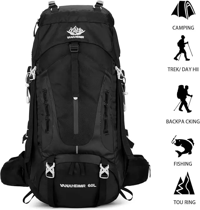 60L Hiking Backpack Men Camping Backpack with rain cover Lightweight Backpacking Backpack Travel Backpack (Black)