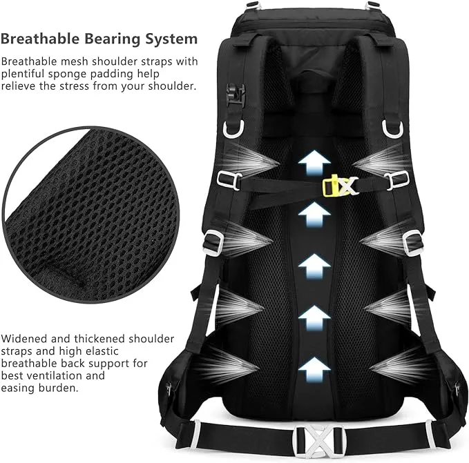 60L Hiking Backpack Men Camping Backpack with rain cover Lightweight Backpacking Backpack Travel Backpack (Black)