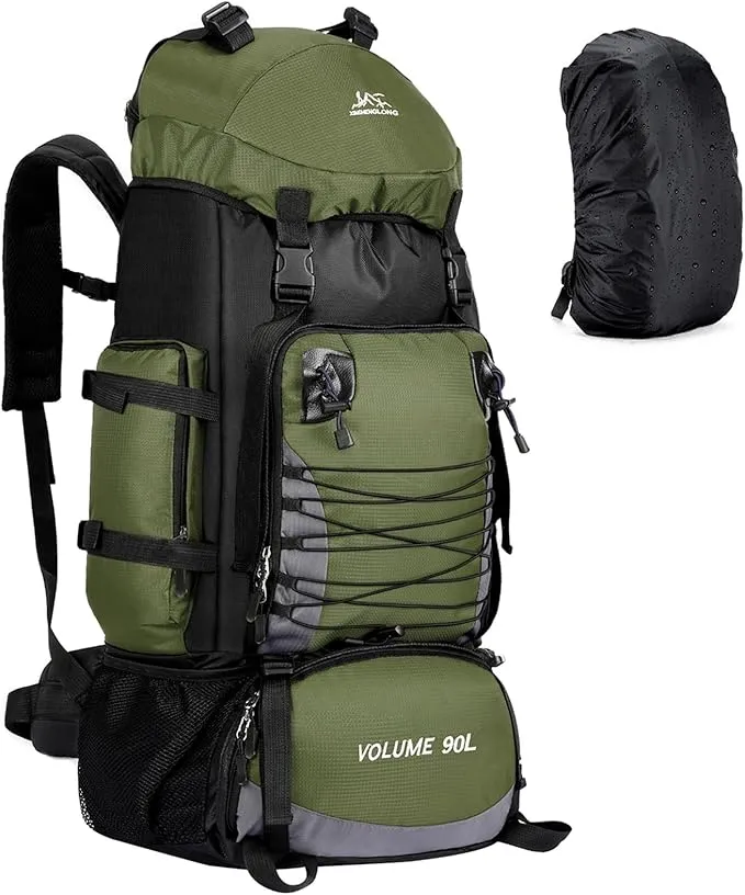90L Hiking Backpack, Waterproof Camping Bag with Rain Cover, Lightweight Backpacking Back Pack - No Frame (Army Green)