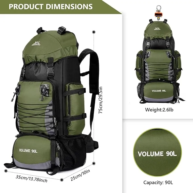 90L Hiking Backpack, Waterproof Camping Bag with Rain Cover, Lightweight Backpacking Back Pack - No Frame (Army Green)