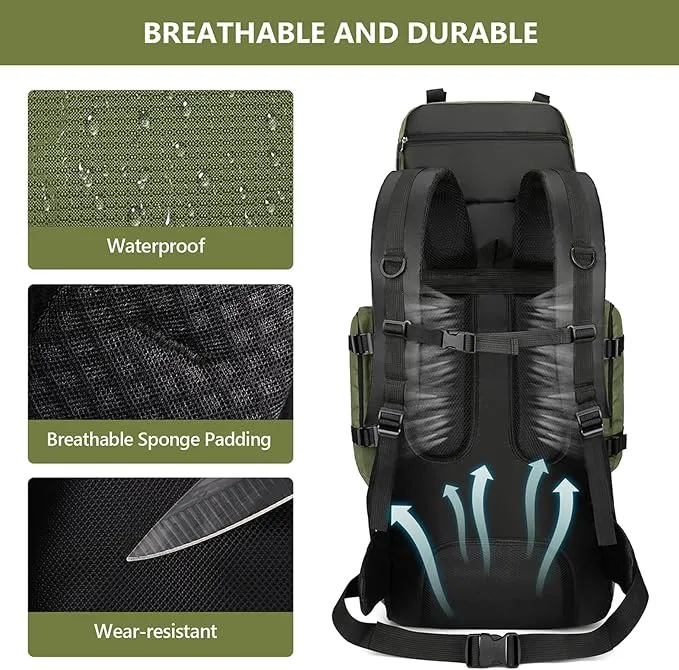 90L Hiking Backpack, Waterproof Camping Bag with Rain Cover, Lightweight Backpacking Back Pack - No Frame (Army Green)