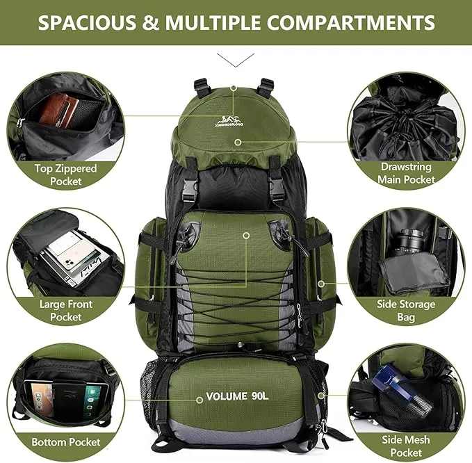 90L Hiking Backpack, Waterproof Camping Bag with Rain Cover, Lightweight Backpacking Back Pack - No Frame (Army Green)