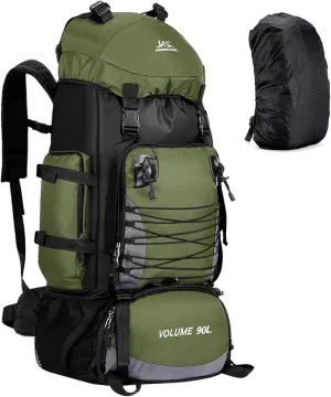 90L Hiking Backpack, Waterproof Camping Bag with Rain Cover, Lightweight Backpacking Back Pack - No Frame (Army Green)