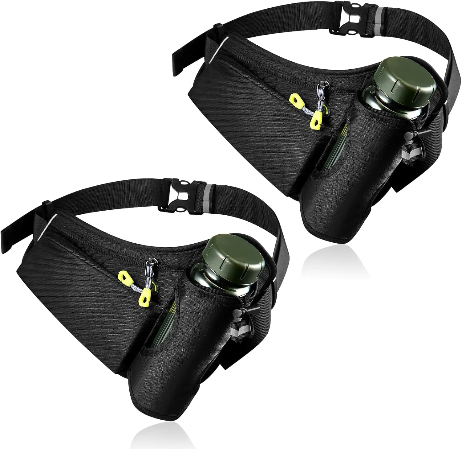 Abbylike 2 Pcs Running Belt with Water Bottle Holder Adjustable Waist Pack Reflective Strap Hydration Pack Fanny Bag Compatible for Women Men Phone Walking Accessories Black, Not Included Water Bottle