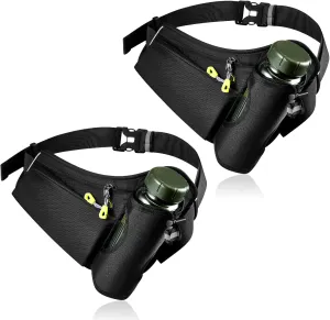Abbylike 2 Pcs Running Belt with Water Bottle Holder Adjustable Waist Pack Reflective Strap Hydration Pack Fanny Bag Compatible for Women Men Phone Walking Accessories Black, Not Included Water Bottle