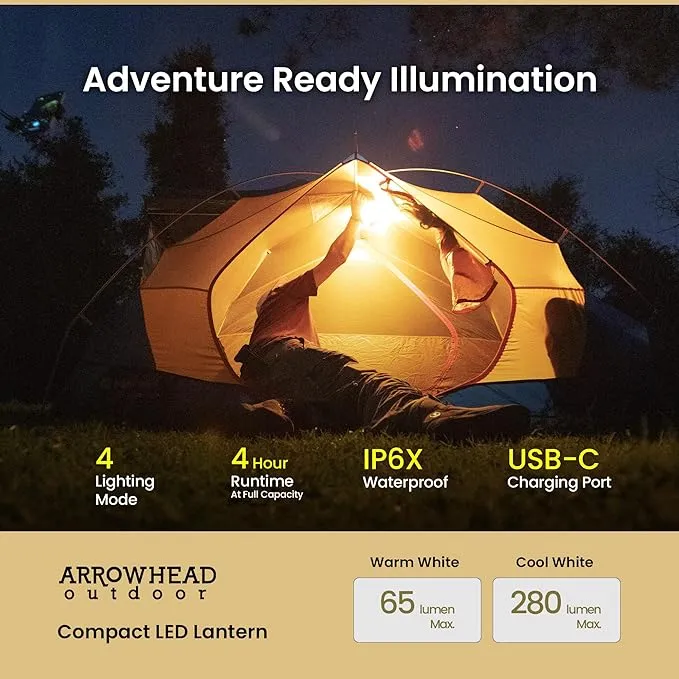 ARROWHEAD OUTDOOR 6-inch LED Camping Lantern, 4 Lighting Modes, USB-C Charging, IP6X, Max. 280 Lumens, Carabiner Included, Army Green