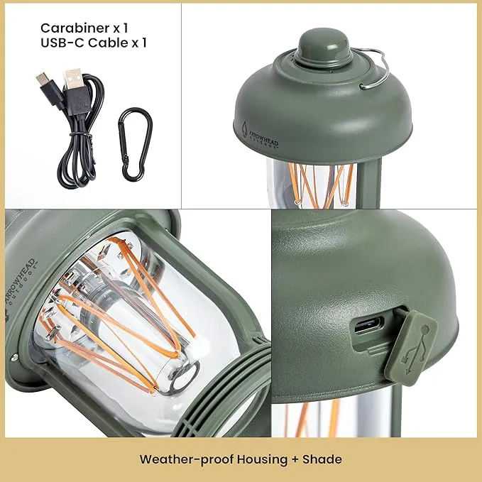 ARROWHEAD OUTDOOR 6-inch LED Camping Lantern, 4 Lighting Modes, USB-C Charging, IP6X, Max. 280 Lumens, Carabiner Included, Army Green