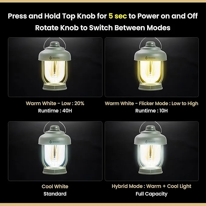 ARROWHEAD OUTDOOR 6-inch LED Camping Lantern, 4 Lighting Modes, USB-C Charging, IP6X, Max. 280 Lumens, Carabiner Included, Army Green