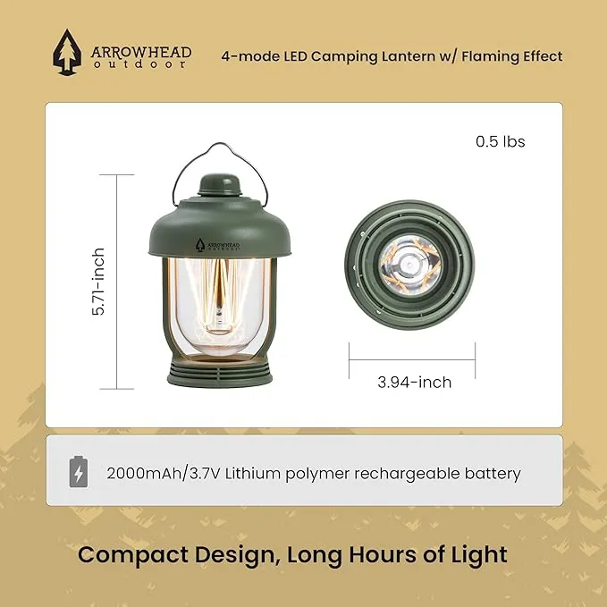 ARROWHEAD OUTDOOR 6-inch LED Camping Lantern, 4 Lighting Modes, USB-C Charging, IP6X, Max. 280 Lumens, Carabiner Included, Army Green