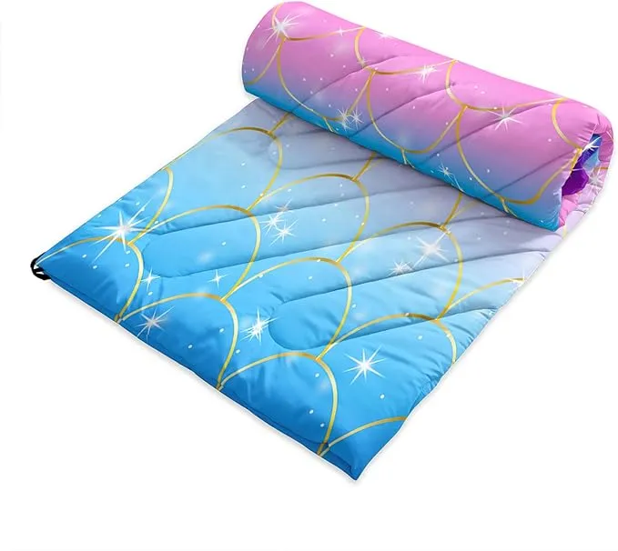 Axolotl Mermaid Scales Outdoor Puffy Camping Blanket,Rainbow Portable Outdoor Blanket,Glitter Starry Lightweight Camping Blanket,Sparkly Waterproof Backpacking for Traveling Picnic,Purple,Blue,Pink