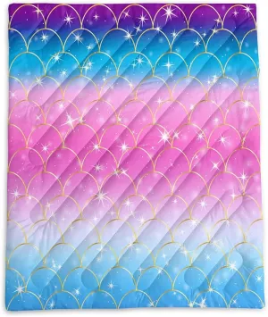 Axolotl Mermaid Scales Outdoor Puffy Camping Blanket,Rainbow Portable Outdoor Blanket,Glitter Starry Lightweight Camping Blanket,Sparkly Waterproof Backpacking for Traveling Picnic,Purple,Blue,Pink