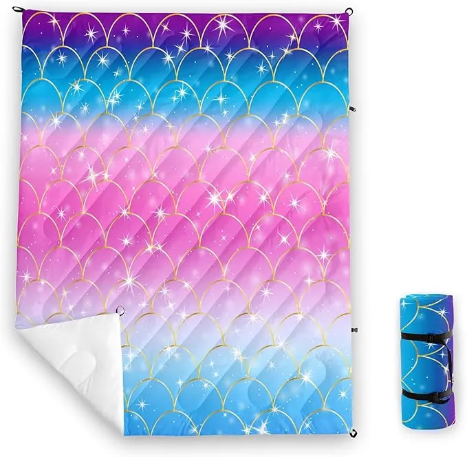 Axolotl Mermaid Scales Outdoor Puffy Camping Blanket,Rainbow Portable Outdoor Blanket,Glitter Starry Lightweight Camping Blanket,Sparkly Waterproof Backpacking for Traveling Picnic,Purple,Blue,Pink