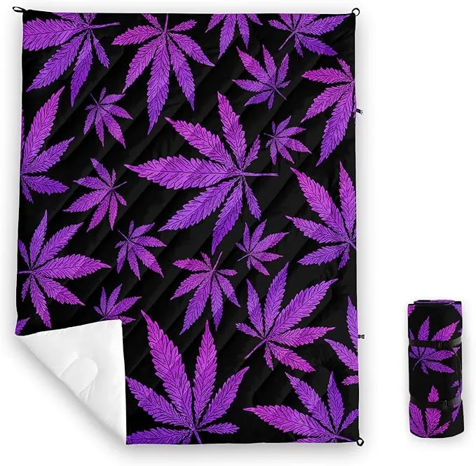 Axolotl Purple Black Leaves Puffy Camping Blanket,Floral Botanical Packable Outdoor Blanket,Needle Leaf Lightweight Waterproof Camping Blanket,Waterproof Backpacking for Camping,Sleeping,Hiking,Picnic