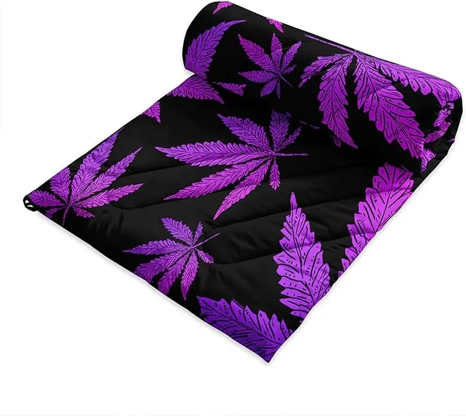 Axolotl Purple Black Leaves Puffy Camping Blanket,Floral Botanical Packable Outdoor Blanket,Needle Leaf Lightweight Waterproof Camping Blanket,Waterproof Backpacking for Camping,Sleeping,Hiking,Picnic