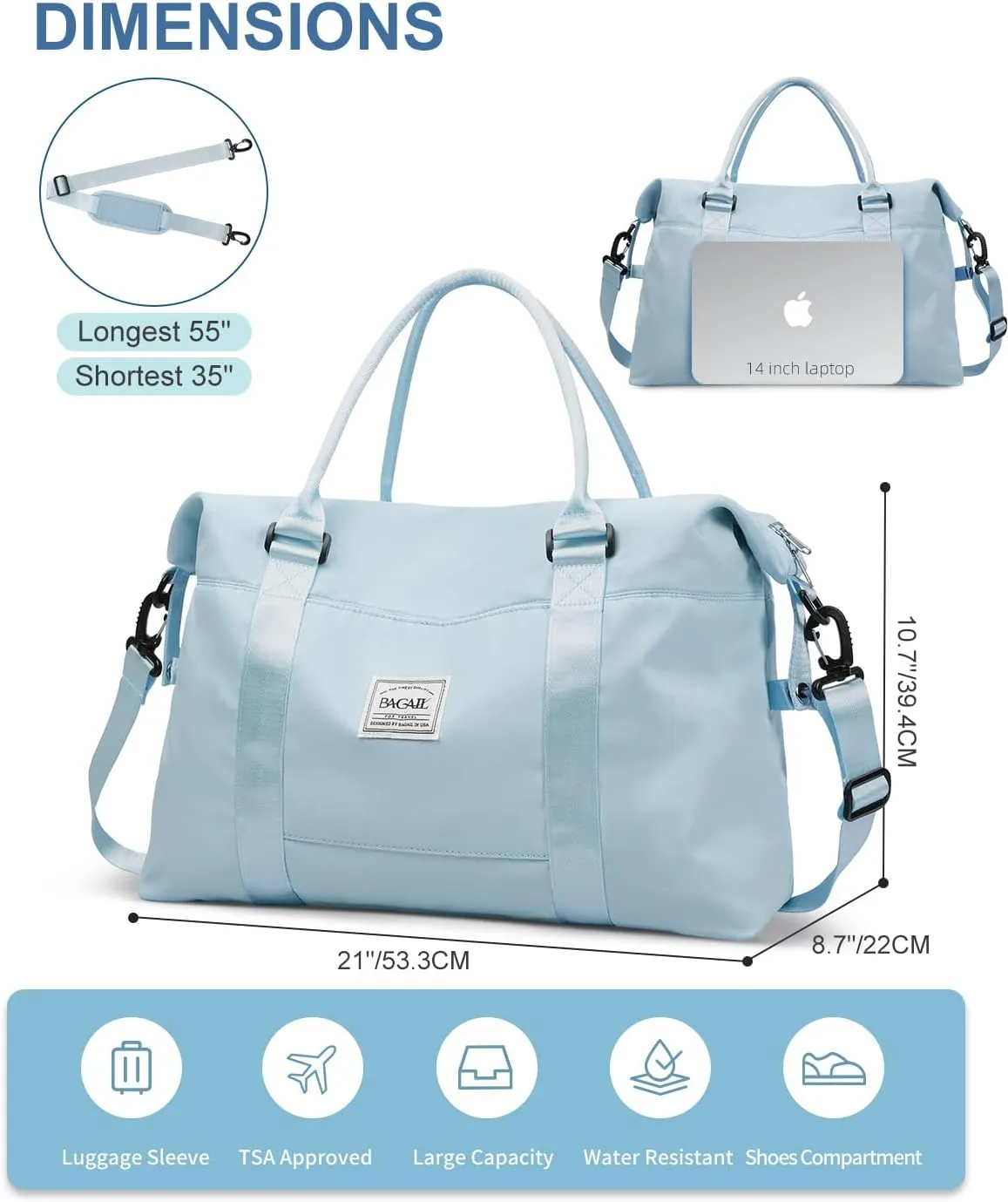 BAGAIL Travel Duffel Bag, Weekender Bags for Women, Overnight Gym Carry On Tote Bag with Wet Pocket, Hospital Mom Bag for Labor and Delivery - Light Blue
