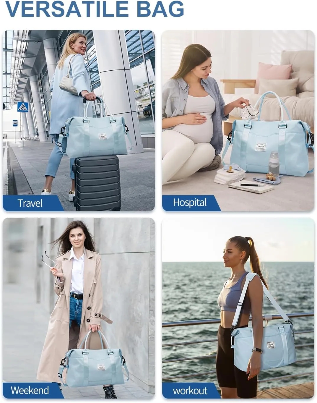 BAGAIL Travel Duffel Bag, Weekender Bags for Women, Overnight Gym Carry On Tote Bag with Wet Pocket, Hospital Mom Bag for Labor and Delivery - Light Blue