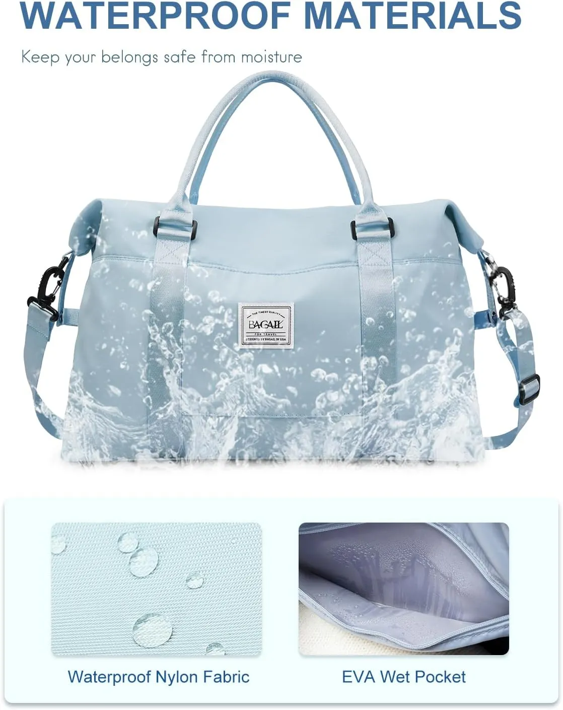 BAGAIL Travel Duffel Bag, Weekender Bags for Women, Overnight Gym Carry On Tote Bag with Wet Pocket, Hospital Mom Bag for Labor and Delivery - Light Blue