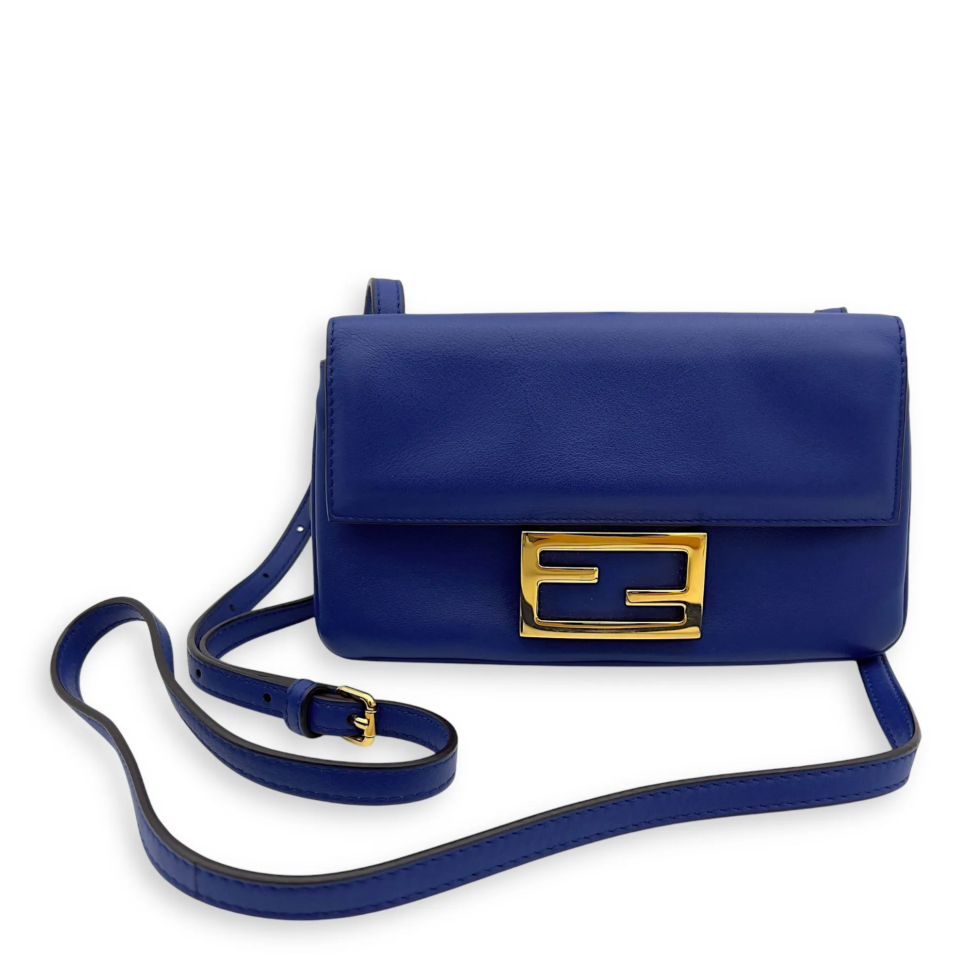 Baguette Blue Crossbody Bag in Calfskin, Gold hardware