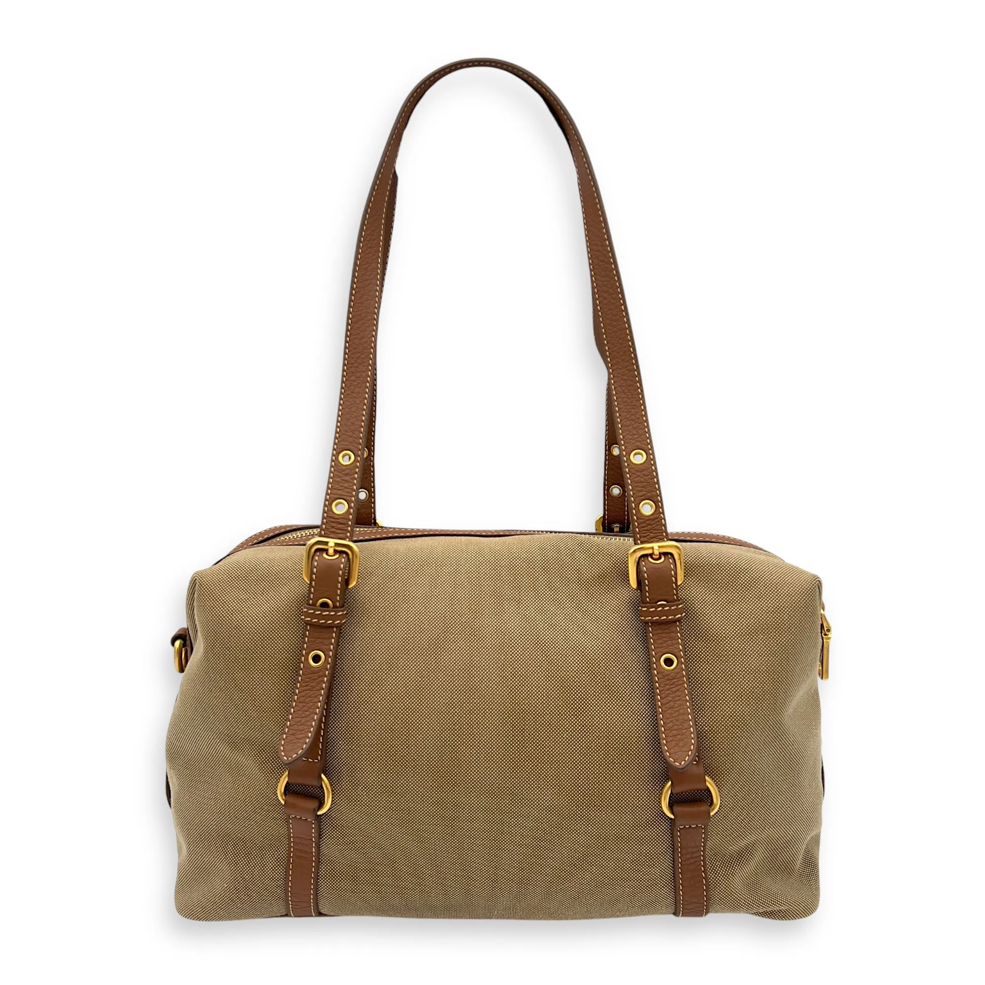 Bauletto Brown Tote Bag in Canvas, Gold hardware