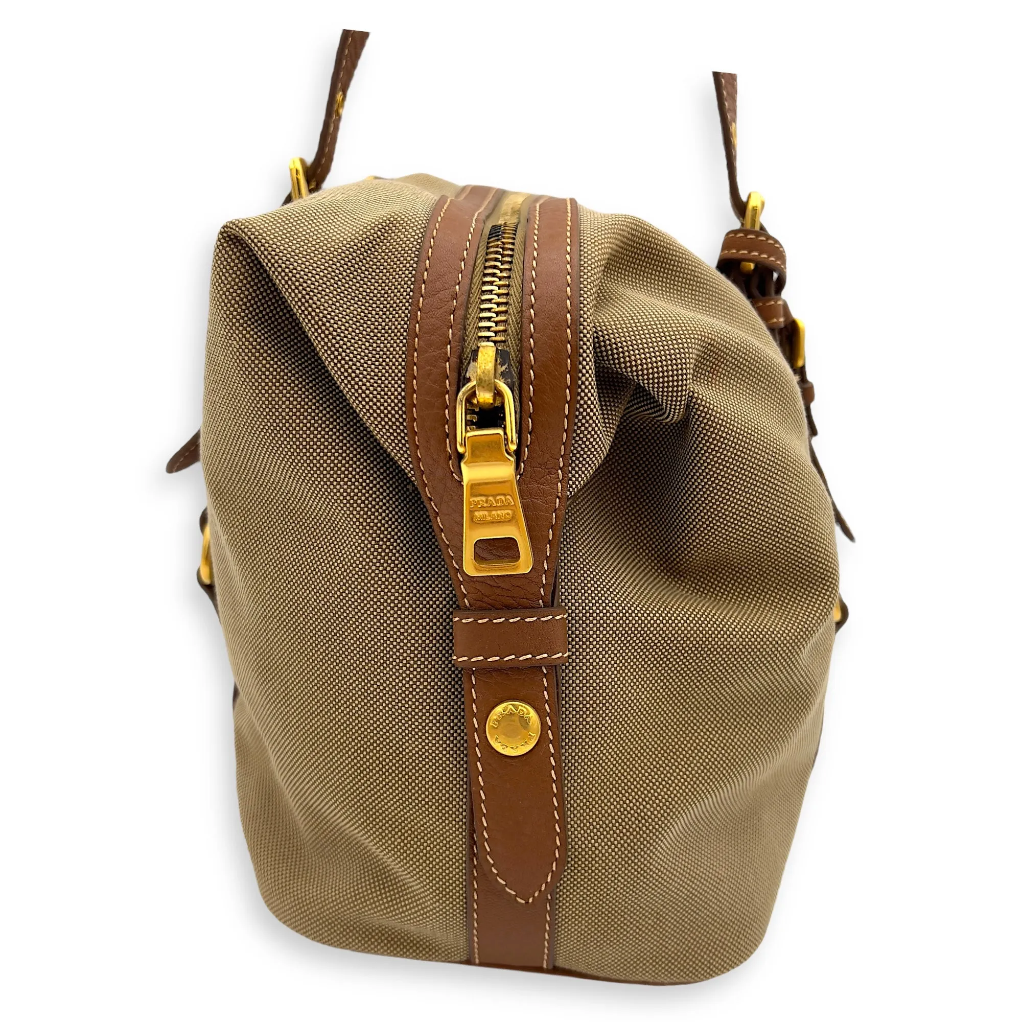 Bauletto Brown Tote Bag in Canvas, Gold hardware