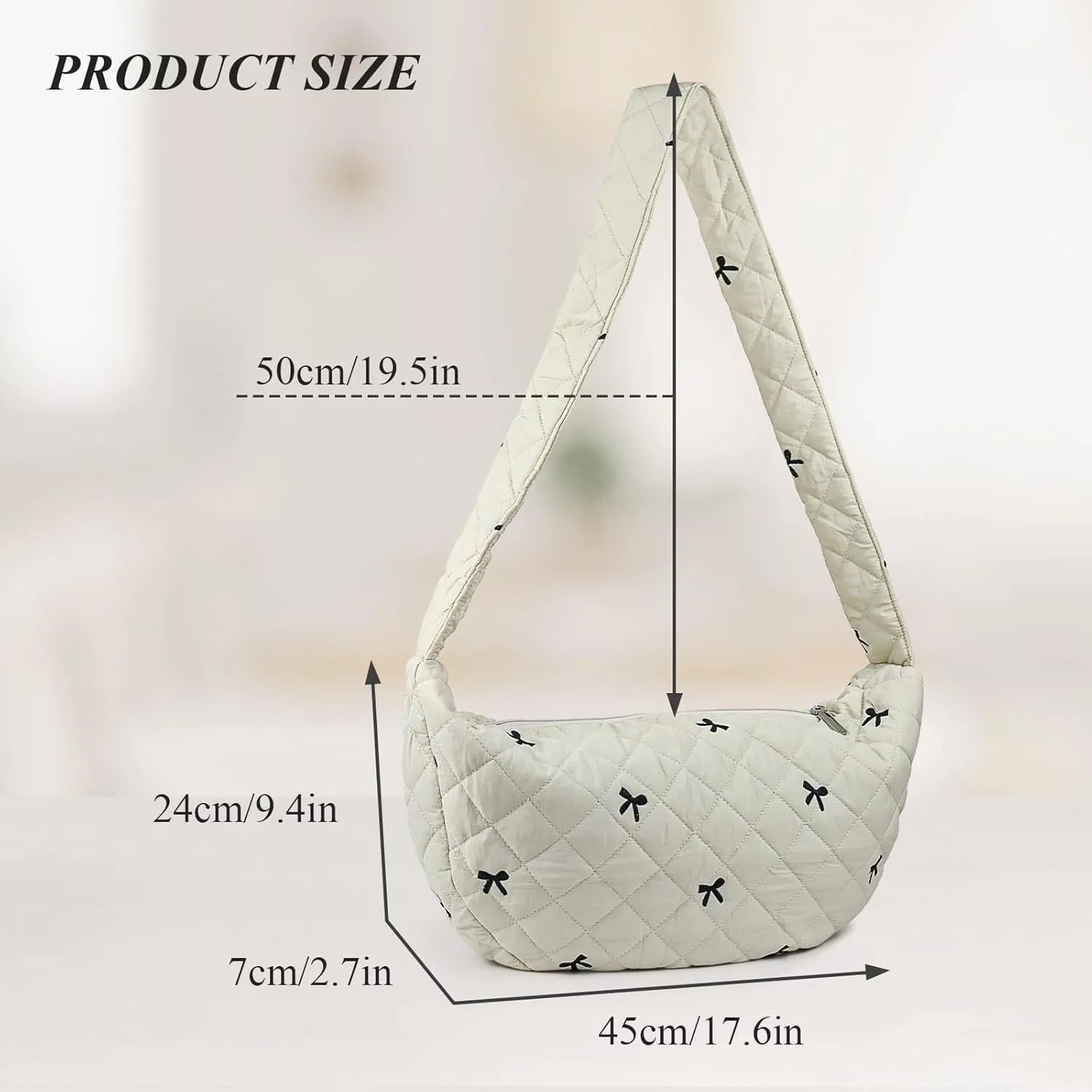 Bow Embroidered Sling Bag, Crossbody Bags for Women with Pocket & Zipper, Puffer Tote Bag with Shoulder Strap