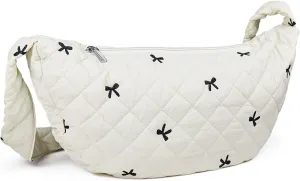Bow Embroidered Sling Bag, Crossbody Bags for Women with Pocket & Zipper, Puffer Tote Bag with Shoulder Strap