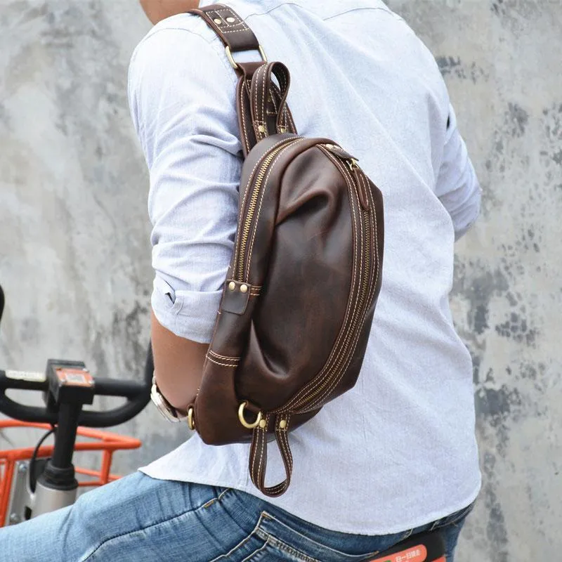Brown Leather Sling Pack Cool Sling Bags for Men Cool Mens Sling Bags Crossbody Chest Bag
