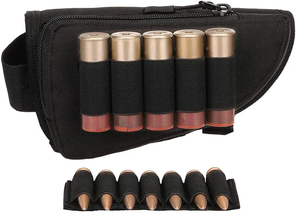 Buttstock Shell Holder, Tactical Shell Holder for Shotgun Rifle Cheek Rest Pouch2-Way Double Zipper Utility Pouch