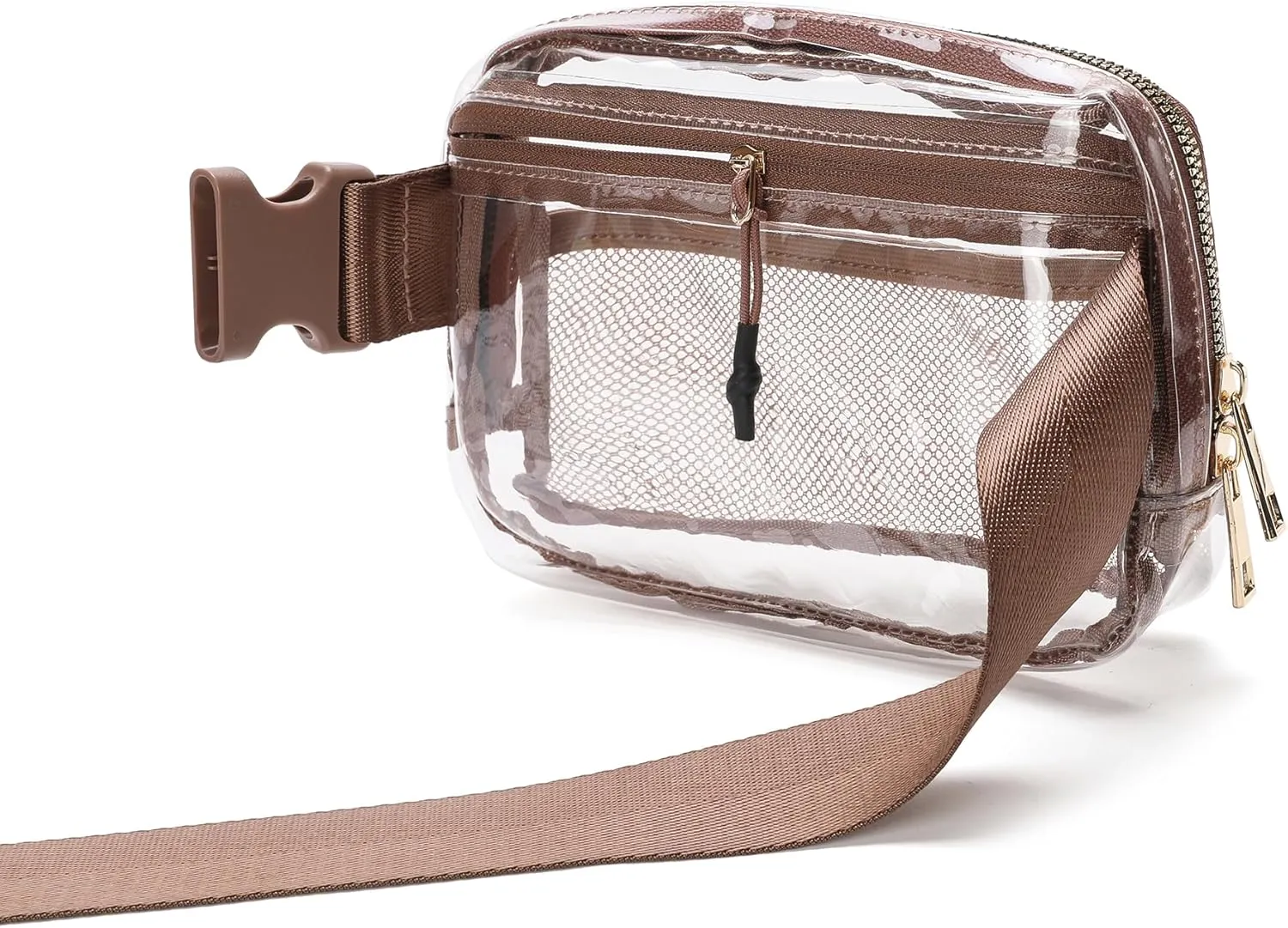Clear Belt Bag Clear fanny pack stadium approved for Women Men with Adjustable Strap Clear Crossbody Bag Waist Bag for Concerts Sports Travelling Hiking Running(Brown)