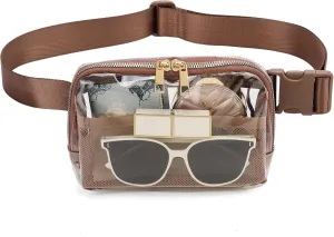 Clear Belt Bag Clear fanny pack stadium approved for Women Men with Adjustable Strap Clear Crossbody Bag Waist Bag for Concerts Sports Travelling Hiking Running(Brown)