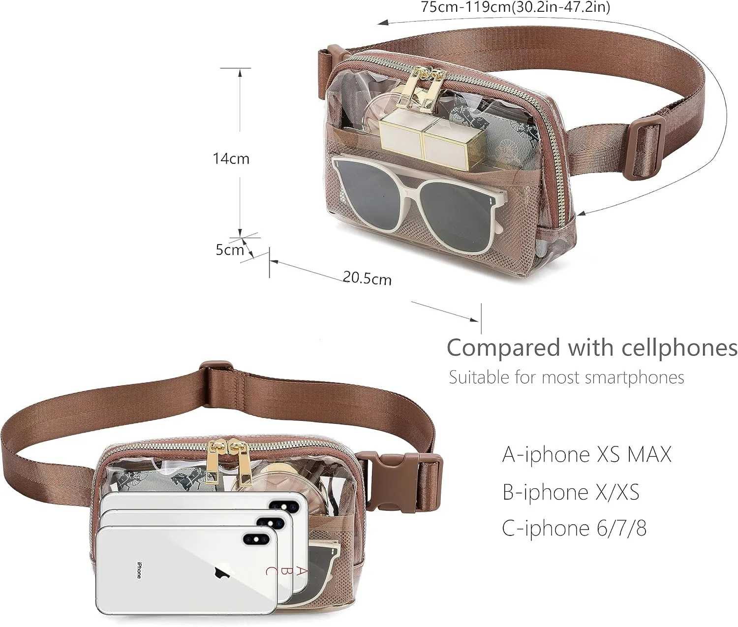 Clear Belt Bag Clear fanny pack stadium approved for Women Men with Adjustable Strap Clear Crossbody Bag Waist Bag for Concerts Sports Travelling Hiking Running(Brown)