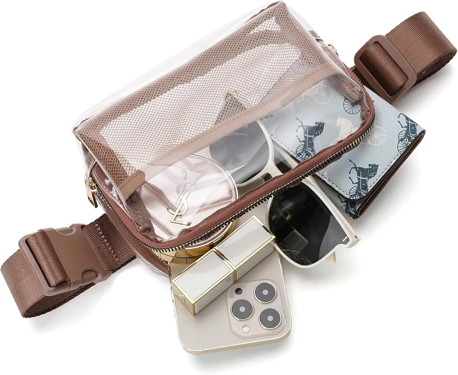 Clear Belt Bag Clear fanny pack stadium approved for Women Men with Adjustable Strap Clear Crossbody Bag Waist Bag for Concerts Sports Travelling Hiking Running(Brown)
