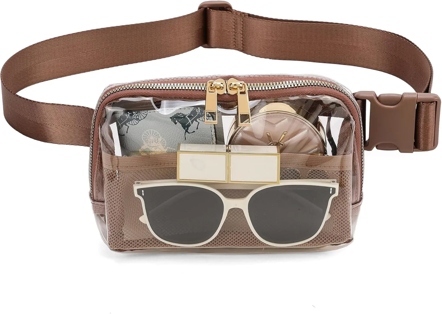 Clear Belt Bag Clear fanny pack stadium approved for Women Men with Adjustable Strap Clear Crossbody Bag Waist Bag for Concerts Sports Travelling Hiking Running(Brown)