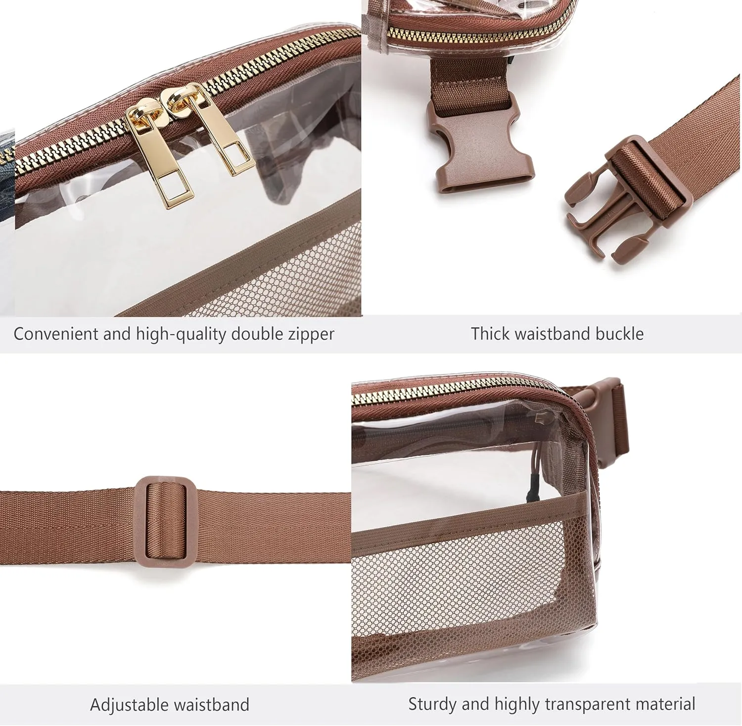 Clear Belt Bag Clear fanny pack stadium approved for Women Men with Adjustable Strap Clear Crossbody Bag Waist Bag for Concerts Sports Travelling Hiking Running(Brown)