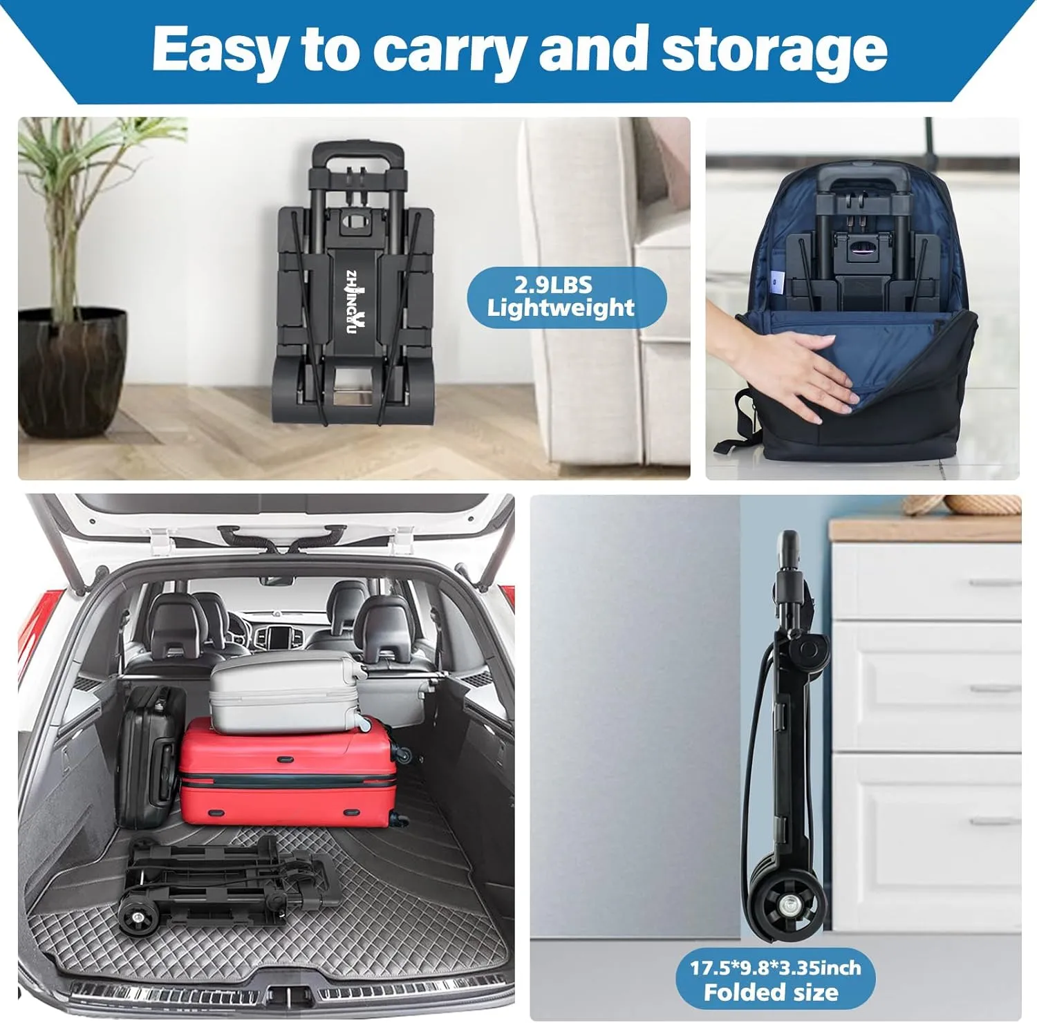 Folding Hand Truck Trolley Dolly, Folding Cart Small Trolley Dolly with Wheels, Lightweight Utility Dolly Expandable Baseplate Small Backpack Portable Luggage Cart for Airport Travel