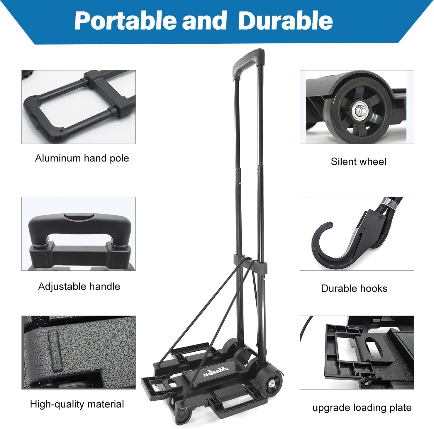 Folding Hand Truck Trolley Dolly, Folding Cart Small Trolley Dolly with Wheels, Lightweight Utility Dolly Expandable Baseplate Small Backpack Portable Luggage Cart for Airport Travel