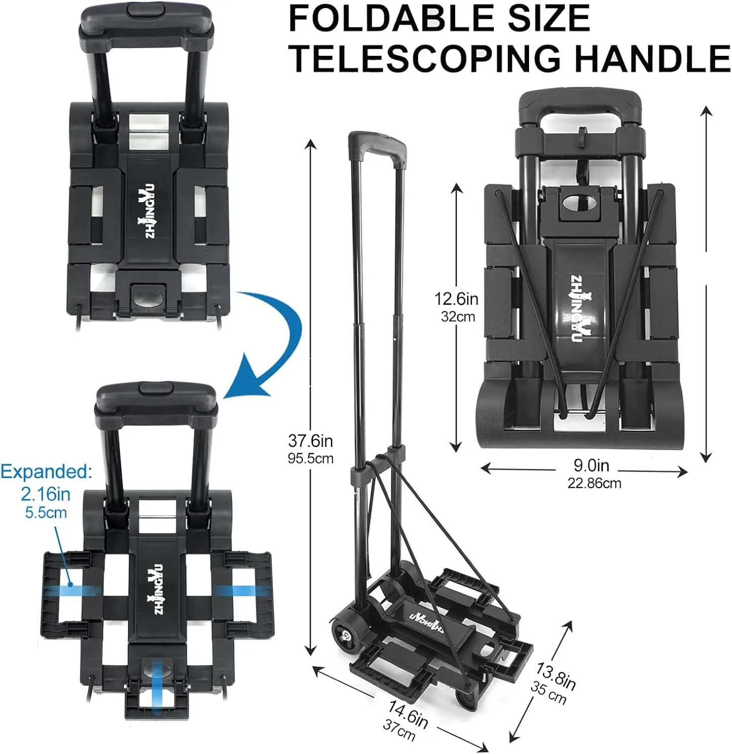 Folding Hand Truck Trolley Dolly, Folding Cart Small Trolley Dolly with Wheels, Lightweight Utility Dolly Expandable Baseplate Small Backpack Portable Luggage Cart for Airport Travel
