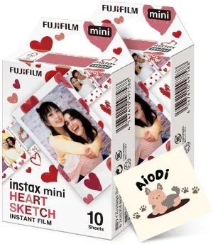 Fujifilm Instax Mini Heart Sketch Instant Camera Film: 20 Shoots Total, (10 Sheets x 2) - Capture Memories Anytime, Anywhere - AIODI Sticker Included