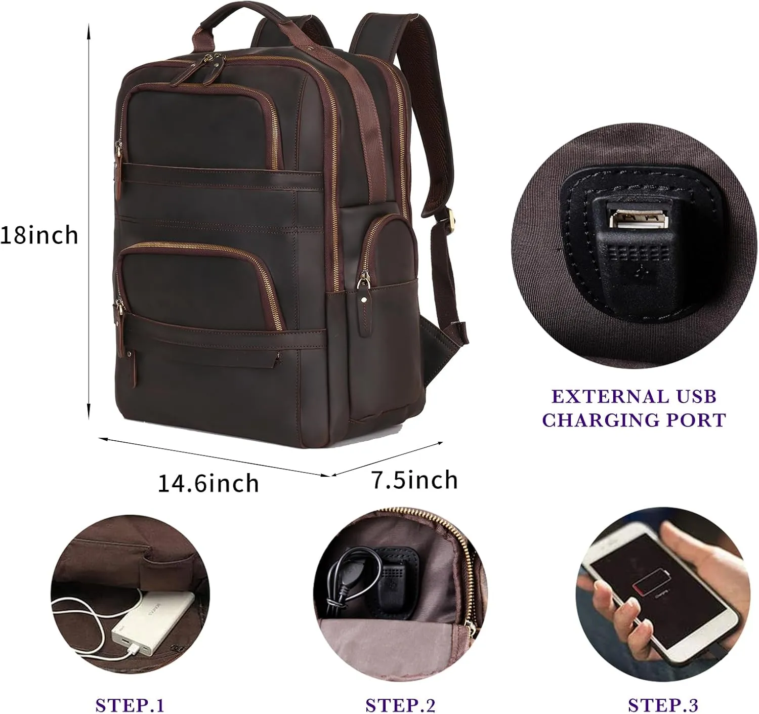 Full Grain Leather Backpack for Men 17.3 Inch Laptop Bag Vintage Travel Hiking Rucksack Casual Weekender Daypack